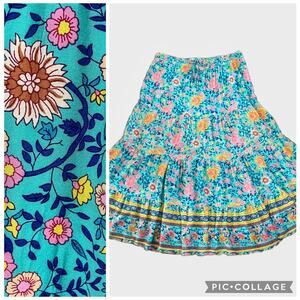 Hibluco Tiered Maxi Skirt Womens XL Blue Floral Boho Romantic Feminine Cottage